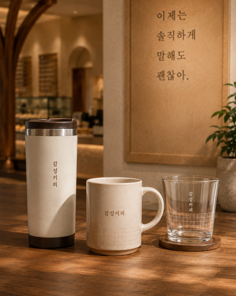 감성커피 텀블러와 머그, 유리잔이 매장 테이블에 놓인 클래식 굿즈