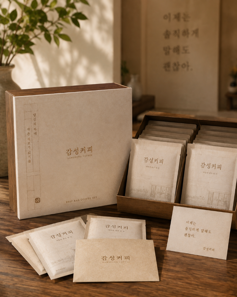 감성커피 드립백 선물 상자와 개별 드립백, 메시지 카드가 놓인 굿즈 세트