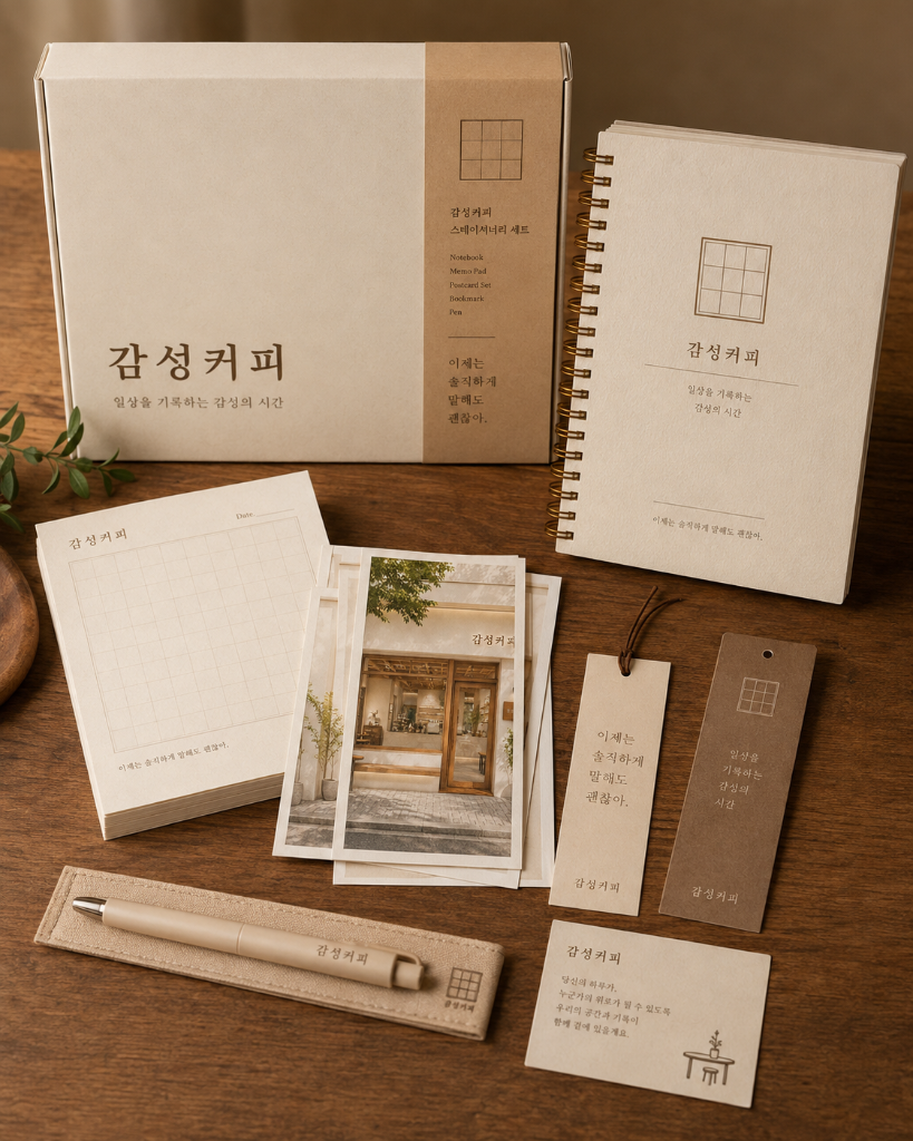 감성커피 노트와 메모지, 엽서, 책갈피, 펜으로 구성된 문구 굿즈 세트